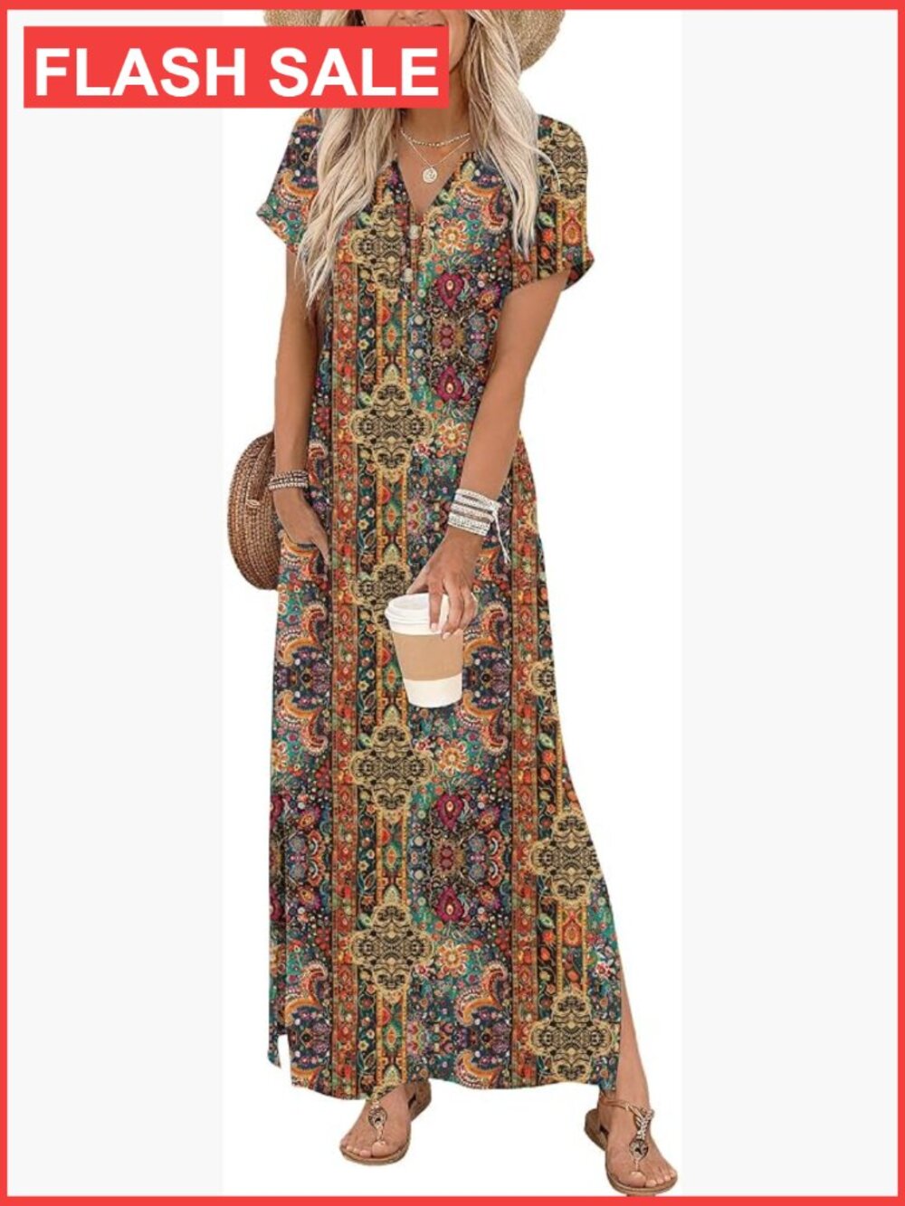 Women's Maxi Dress Summer Casual Short Sleeve V-Neck with Pockets Side Slit